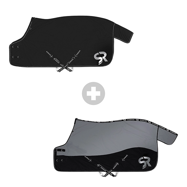 set of black rain rug dublin with 50 grams filling and reflecting elements and grey helsinki reflecting winter rug with 250 grams filling by sunride