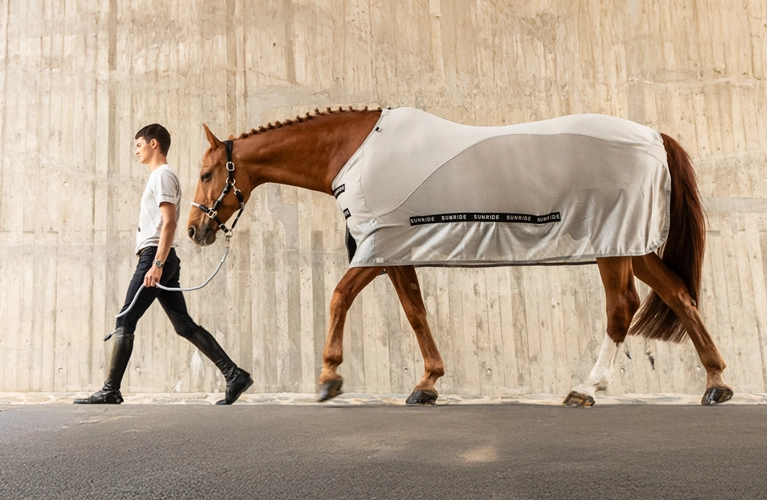 Sommerdecke Ein Reiter führt ein Pferd an der Hand Das Pferd trägt eine Sommerdecke von Sunride in hellgrau