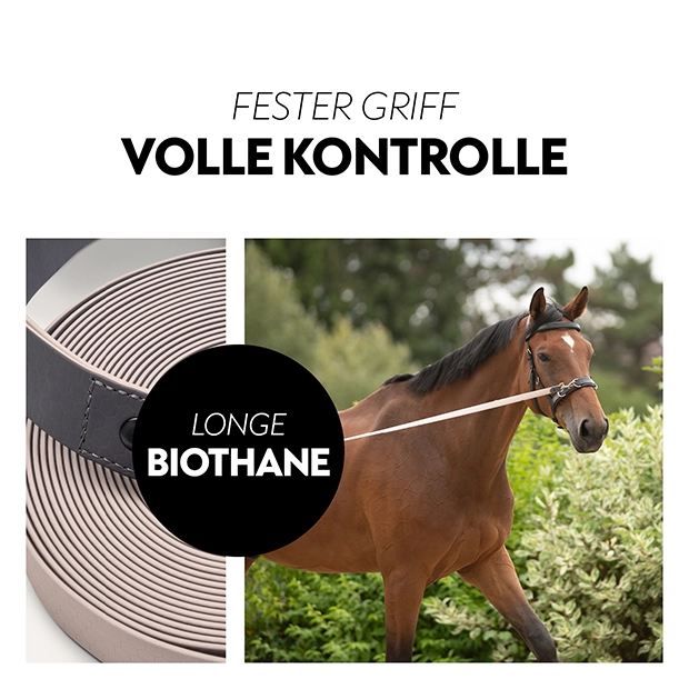 A close, up of a biothane longe line next to a brown horse being led outdoors, surrounded by greenery.