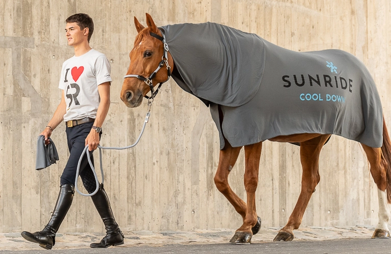 Kühldecke Cool Down  Ein Pferd wird an einer Betonmauer entlang geführt es das Pferd trägt die Kühldecke Cool Down