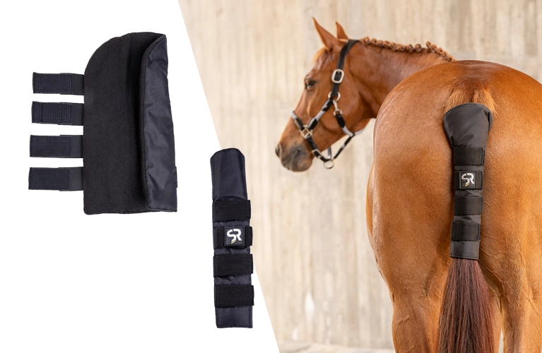 Schweifschoner Ein Pferd steht mit der Kruppe nach hinten und trägt einen Schweifschoner am Schweifansatz. Links im Bild sind Nahaufnahmen des Schweifschoners mit vier Klettverschlüssen zu sehen