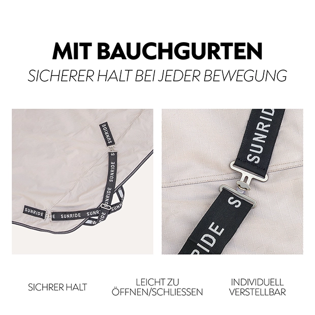 Pferdedecke, Cornwell Führanlagendecke Bauchgurte Detail, beige, Text mit Bauchgurten sicherer Halt bei jeder Bewegung, SUNRIDE
