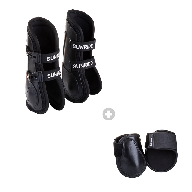 black leather jumping boots with protection layer and elastic straps and low black leather fetlock boots in a set by sunride