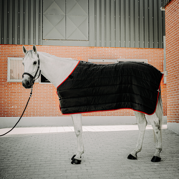 black under rug with 300 grams filling compatible with all sunride winter and rain rugs and black leather halter dallas on a horse in front of stable