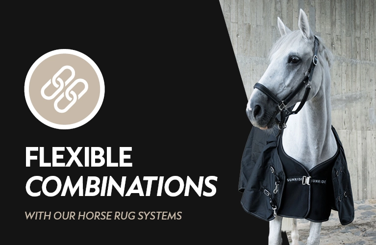 Rug combination systems A horse wearing a black rug with the SUNRIDE logo stands in front of a concrete wall with the text Flexible Combinations with our Horse Rug Systems on the left