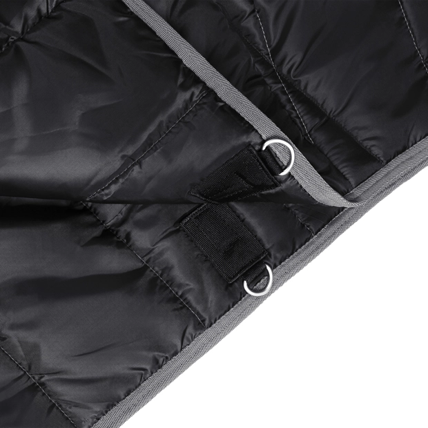 backside attachment rings of black under rug 150 grams filling  detailed view of rings for backside attachment on black under rug with 150 grams filling compatible with all sunride winter and rain rugs