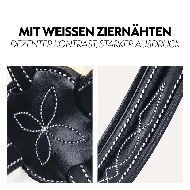 Detailaufnahme einer schwarzen Trense mit weißen Ziernähten, die ein elegantes Design und einen dezenten Kontrast zeigt.