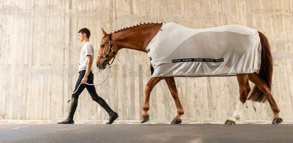 Sommerdecke Ein Reiter führt ein Pferd an der Hand Das Pferd trägt eine Sommerdecke von Sunride in hellgrau