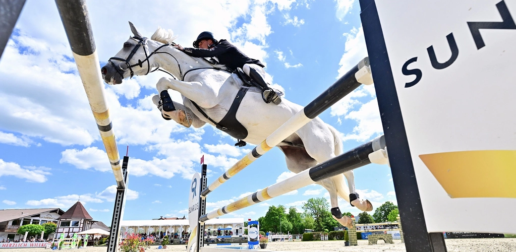 Leder Stollengurt Hickstead Ein Pferd und ein Reiter springen über ein Sprung und das Pferd hat den Leder Stollengurt Hickstead an