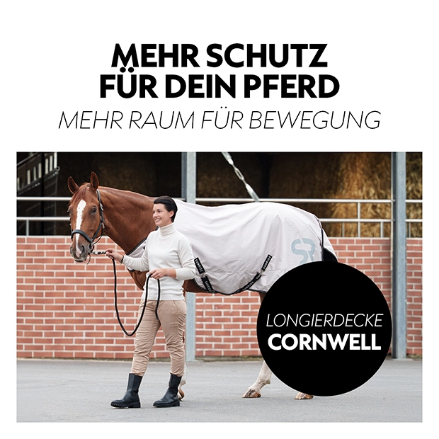 Pferdedecke, Cornwell Führanlagendecke Pferd mit Mann im Stall, beige, Text mehr Schutz für dein Pferd mehr Raum für Bewegung, SUNRIDE