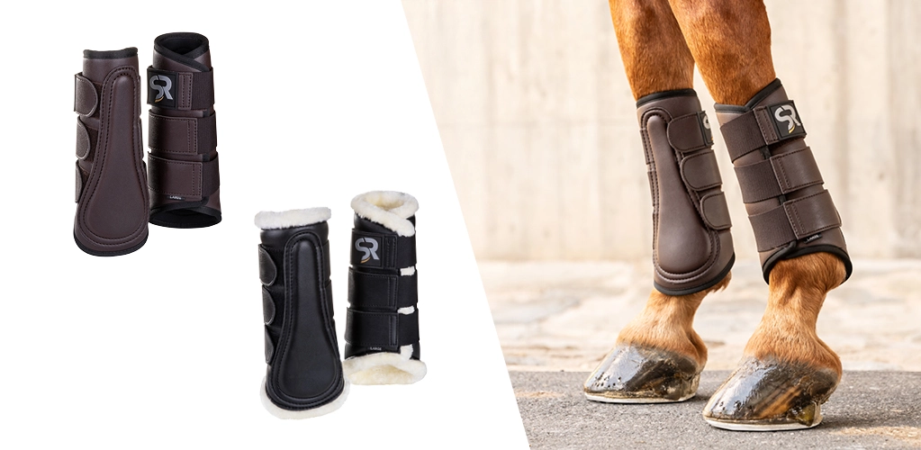 Dressurgamaschen Zwei Pferdebeine mit braunen Dressurgamaschen auf Asphalt daneben sind die Gamaschen in Braun und Schwarz mit weißem Fellrand einzeln abgebildet