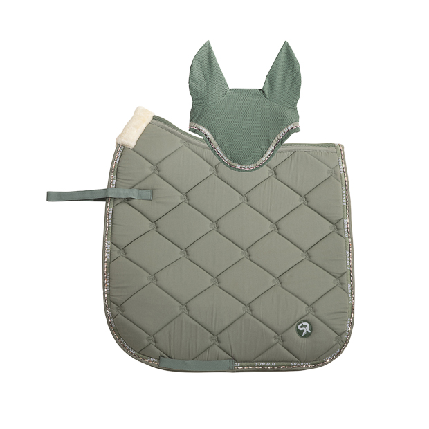set of dressage saddle pad wellington olive with gemstones, breathable spine and padded withers and matching earnet set of breathable dressage saddle pad wellington olive with gemstones and fur on withers with matching earnet wellington