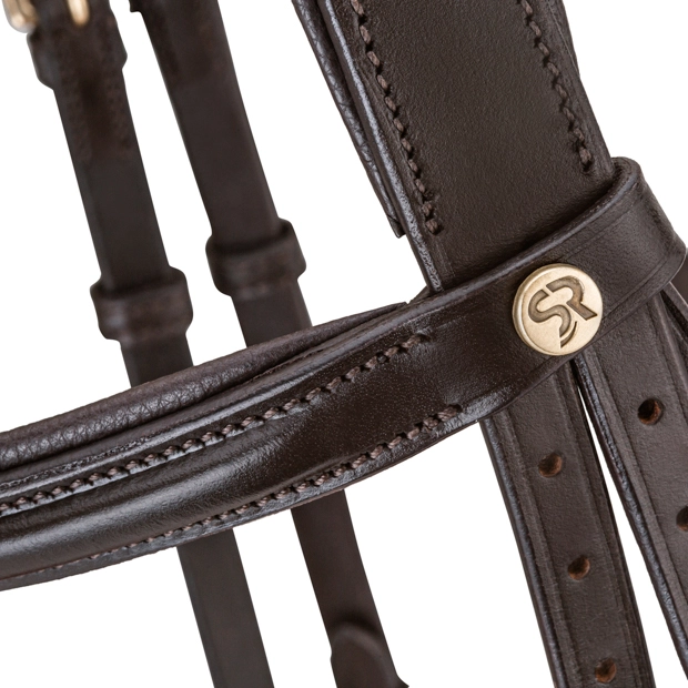 detailed view of green padded english combined brown leather bridle hawaii with golden mounting including reins