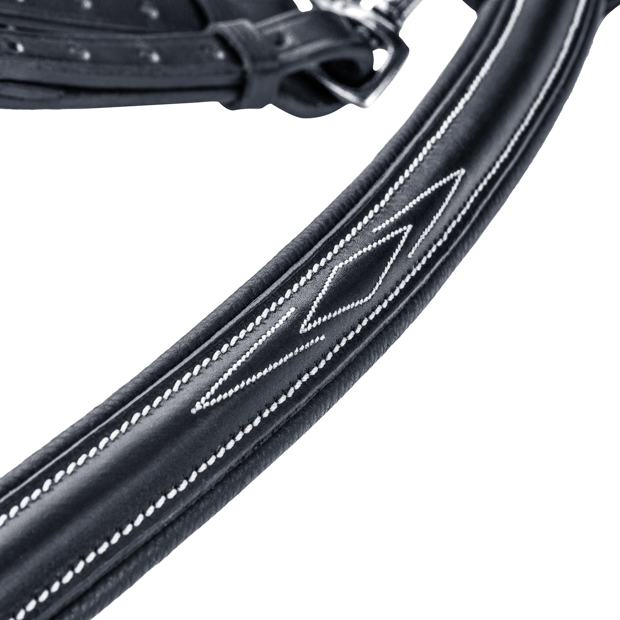 detailed view of stitchings on windsor black breastplate with martingal and elastic straps by sunride