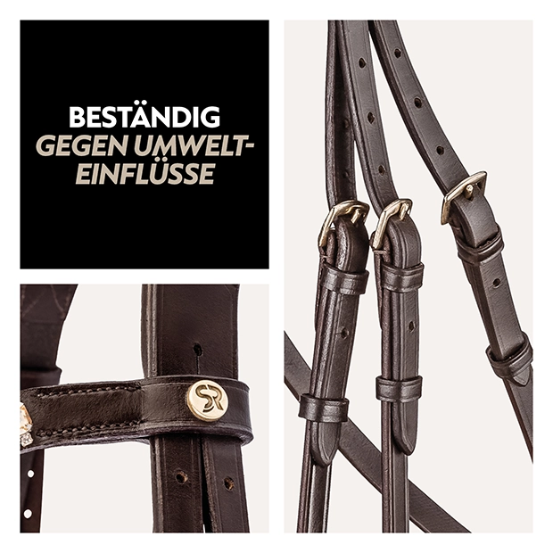 Close, up of a brown horse bridle featuring adjustable straps and metal buckles, with a logo detail visible on one of the straps.