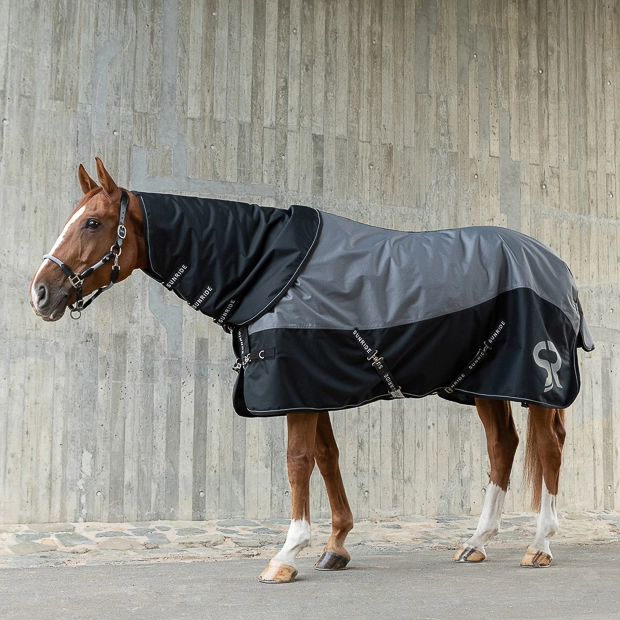 grey helsinki winter rug with 250 grams filling and reflecting elements and matching black neck part in a set by sunride