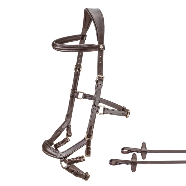 1 english combined brown leather bridle york with golden mounting including reins by sunride