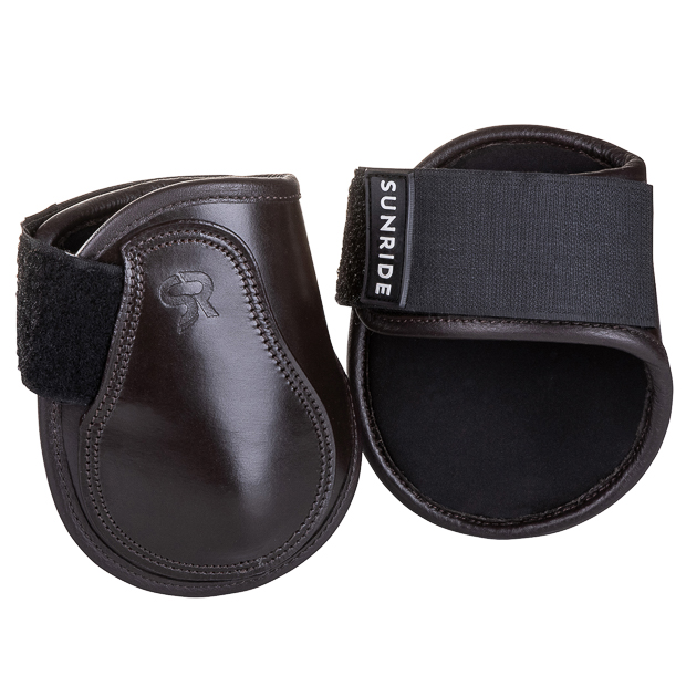 1 brown low leather fetlock boots with velcro closure
