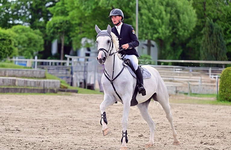 Ein Reiter galoppiert mit seinem Pferd auf einem Platz im Hintergrund sind Bäume zu sehen