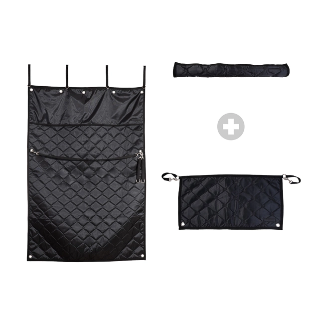 1 complete black set for stable containing head protector and stall barrier and stable curtain
