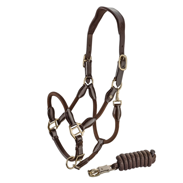 brown leather halter with brown ropes and golden mounting denver including lead rope by sunride