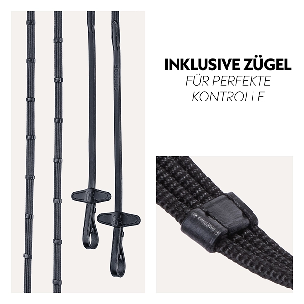 Schwarze Zügel mit rutschfester Oberfläche und stabilen Befestigungen für eine präzise Kontrolle beim Reiten.
