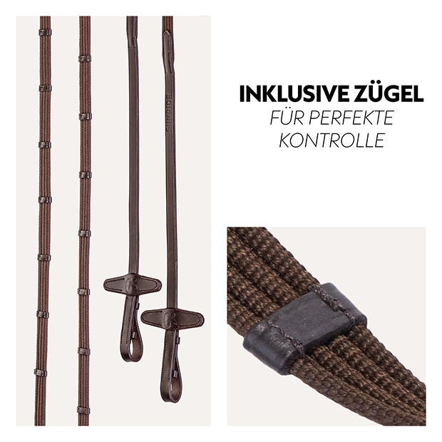 Brown horse reins are displayed, featuring a textured grip and loop ends for secure attachment, ideal for equestrian use.