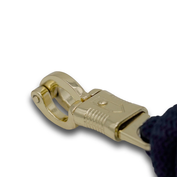 fuehrstrick blau mit detailansicht vom goldfarbenen panikhaken passend fuer alle halfter von sunride