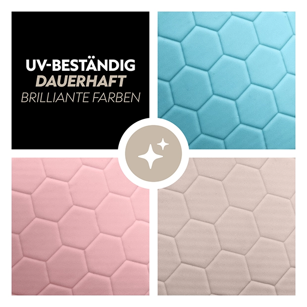 Das Bild zeigt vier verschiedene hexagonale Muster in sanften Farben, darunter Blau, Rosa und Beige, mit dem Text über UV, Beständigkeit und Haltbarkeit.