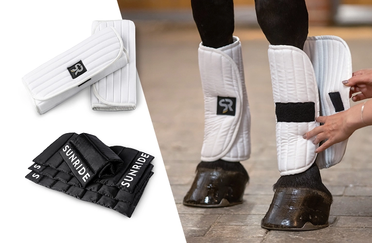 Weicher Schutz für Stark Beine Bandagierunterlagen Zwei Pferdebeine mit weißen Bandagierunterlagen mit Klettverschluss daneben die Unterlagen einzeln in Weiß und darunter in Schwarz aus Satin