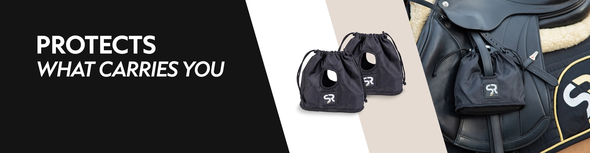 Two black stirrup covers with SR logo lie next to each other on the right a saddle with stirrup covers is shown on the left the text reads Protects what carries you