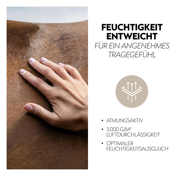 Horse blanket, Cornwell horse walker rug moisture control detail hand on horse, brown, text moisture release comfortable wear, SUNRIDE