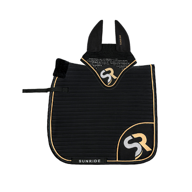 1 set of breathable dressage saddle pad gold and black exclusive line with fur on withers and matching earnet