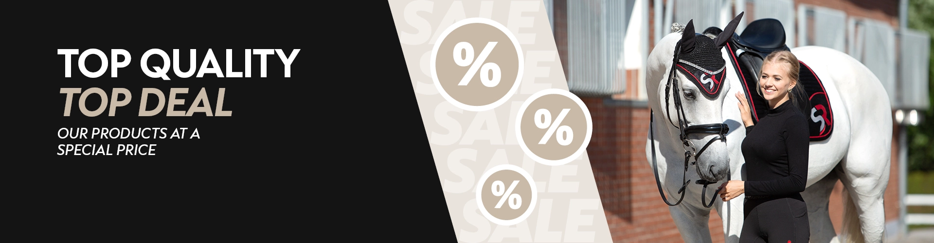 A rider stands next to a horse with a black and red saddle pad and matching fly hood with an SR logo in the background there is a stable on the left the text reads Best Quality Best Deal our products at a special price