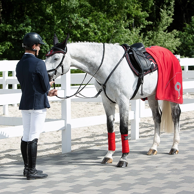 Ein Reiter steht vor einem gesattelten Pferd und hält die Zügel Das Pferd trägt eine rote Abschwitzdecke Boston von Sunride sowie rote Gamaschen und Fliegenohren
