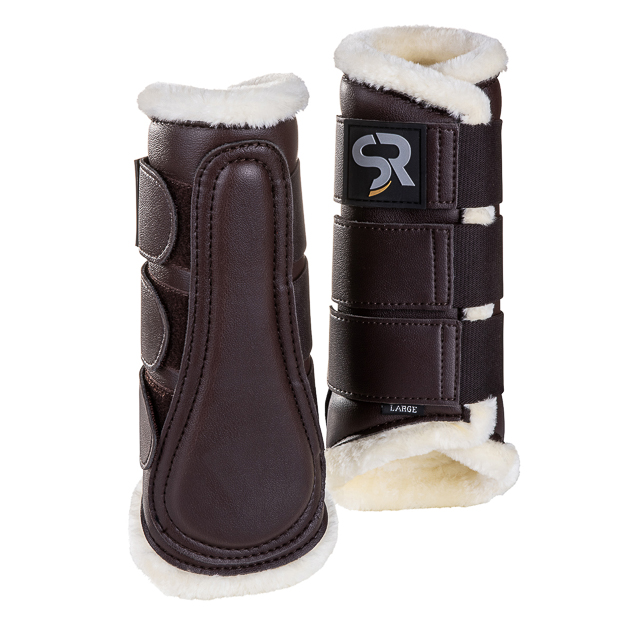 brown dressage leather boots from leather and fur inside with elastic velcro closures