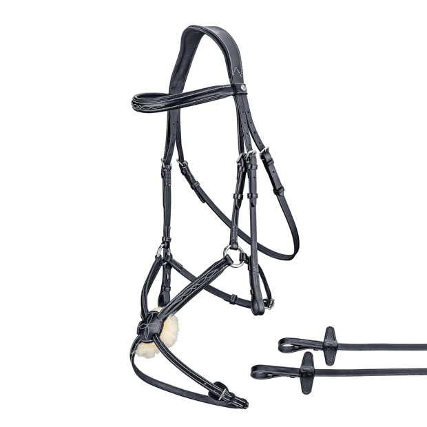 1 black mexican bridle acapulco with silver mounting with detailed view of included matching reins by sunride