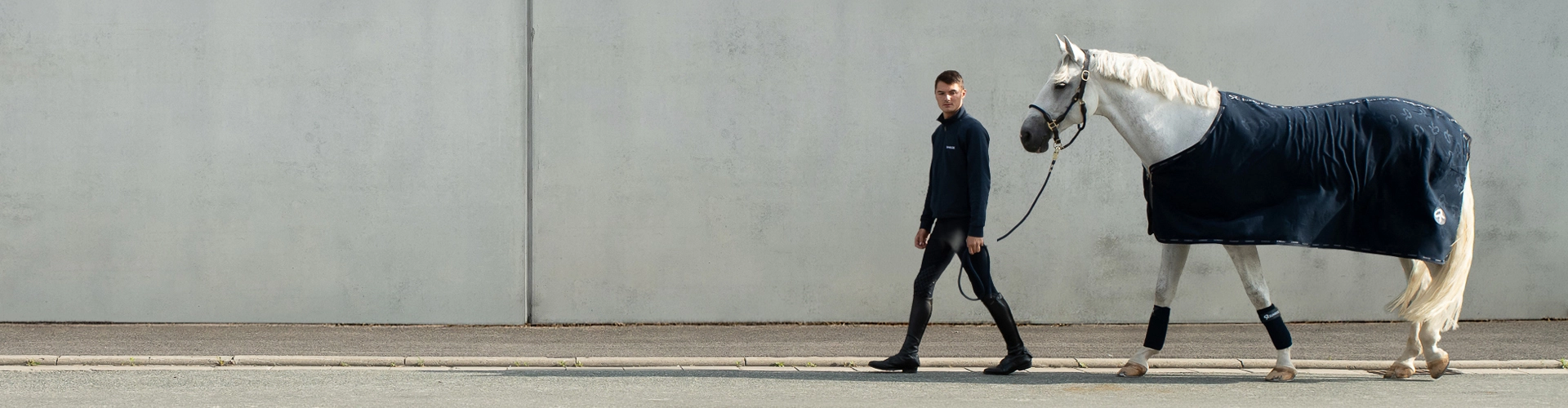 Ein Pferd mit SUNRIDE  Fleece Abschwitzdecke in Blau vor einer grauen Wand