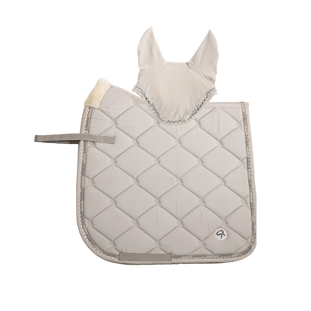 set of dressage saddle pad wellington beige with gemstones, breathable spine and padded withers and matching earnet set of breathable dressage saddle pad wellington beige with  gemstones and fur on withers with matching earnet wellington