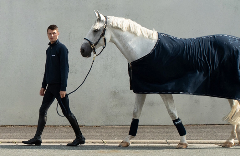 A horse wearing a SUNRIDE fleece cooler in blue in front of a gray wall.