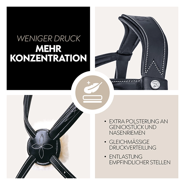 Detailansicht einer gepolsterten mexikanischen Trense mit extra Polsterung an Genickstück und Nasenriemen für mehr Komfort und Druckverteilung.