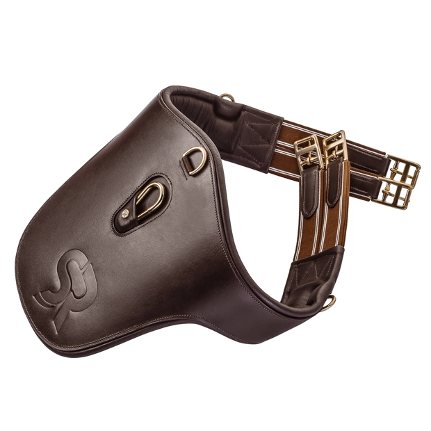 1 elastic brown leather stud guard girth hickstead with golden mounting by sunride
