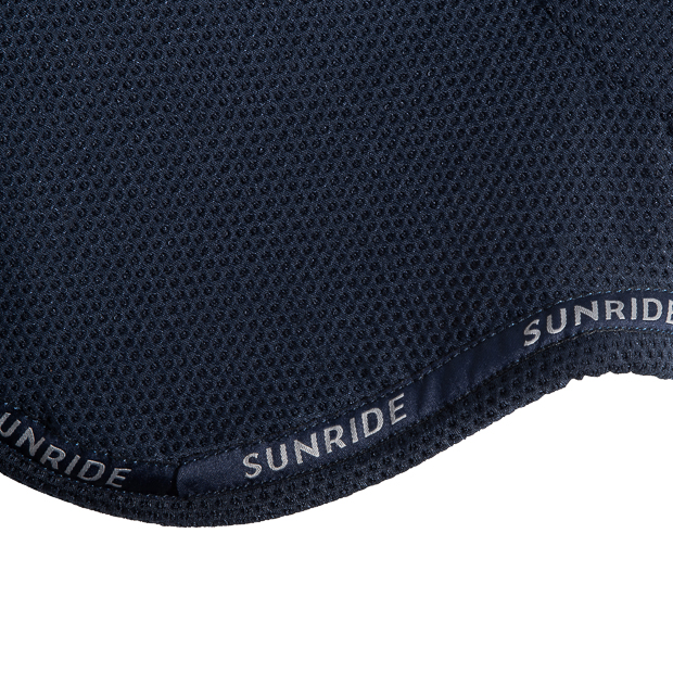 elastic ear net and fly hood rounded blue with detailed view of binding wellington line detailed view of binding on rounded elastic ear net and fly hood blue wellington line by sunride