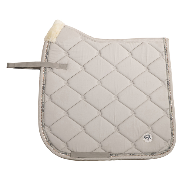 breathable dressage saddle pad wellington beige with  gemstones and fur on withers
